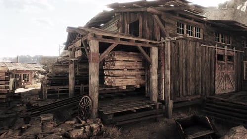 Abandoned Old Wooden Sawmill in Desolate Rocky Landscape