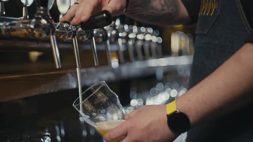 The Bartender Pours Unfiltered Beer Into a Glass