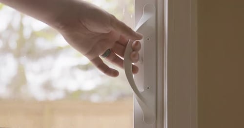 Hand Unlocks and Opens Sliding Glass Patio Door then Closes and Locks It
