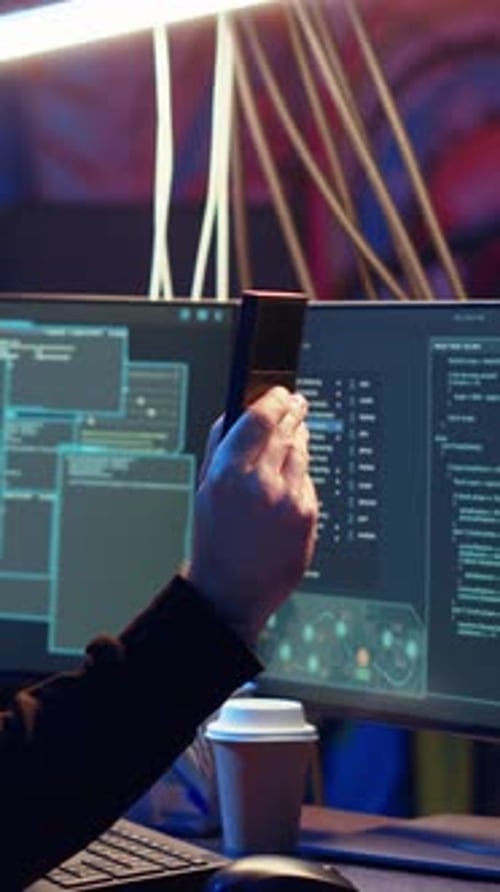 Hoody Typing at Computer Keyboard With Lines of Code