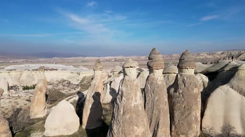 Aerial drone view of the natural beauty of the Fairy Chimneys in Cappadocia, Turkey