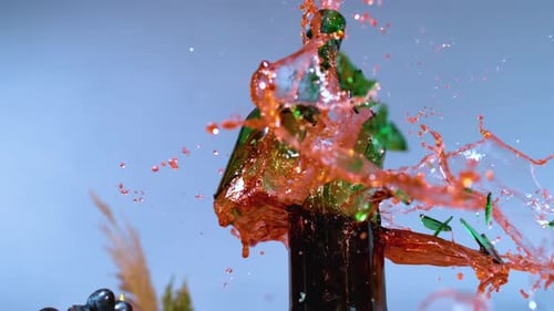 A wine bottle shatters, scattering droplets in slow motion, depicting the concept of dramatic impact
