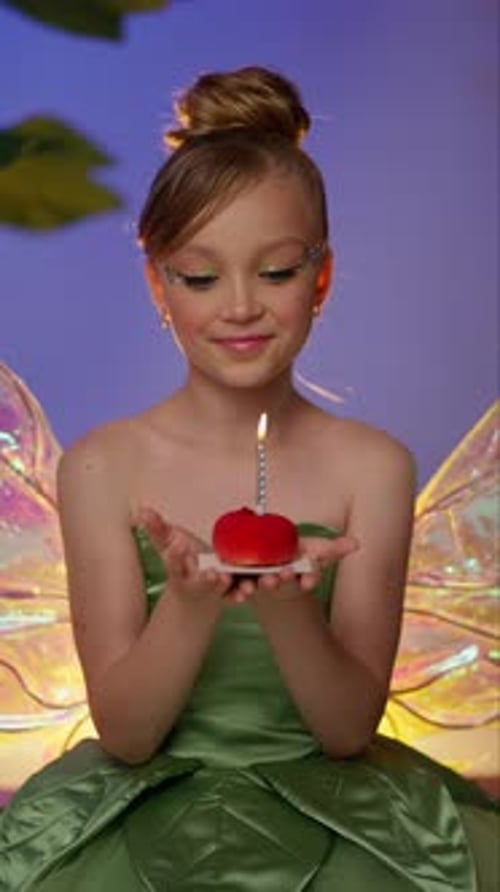 Girl Dressed in Fairy Costume Blowing Out Candle