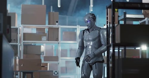 Futuristic Silver Robot with Blue Eyes Carrying Postal Delivery Carton Boxes Alone in Department