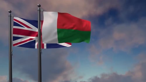 Drapeau de Madagascar agitant avec le drapeau national du Royaume-Uni - 4K