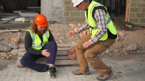 Bärtiger Arbeiter, der auf der Baustelle einen Unfall hat, schreit vor Schmerzen wegen gebrochener Beine
