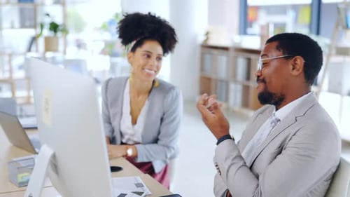 Coworking, talking and business people with a computer in an office