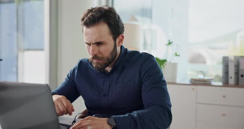 Headache, business and man in office with laptop, burnout and mental fatigue for deadline