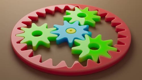 Looping 3D animation multi-colored plastic toy gears.