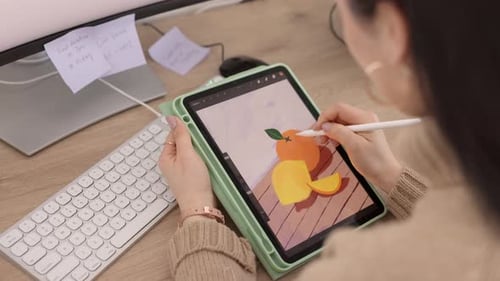 Graphic designer, creative drawing and digital tablet with woman using pen for fruit illustration