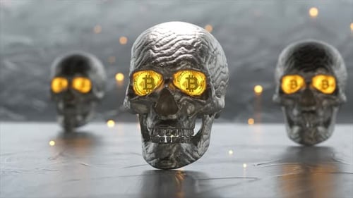 Metallic Skull with Glowing Bitcoin Eyes is Slowly Approaching on a Grey Background with Other