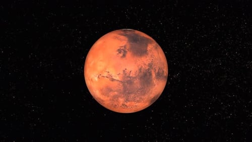 Animation of Mars planet seen from galaxy in space, Asteroids Cloud and cosmos, stars milky. 1180