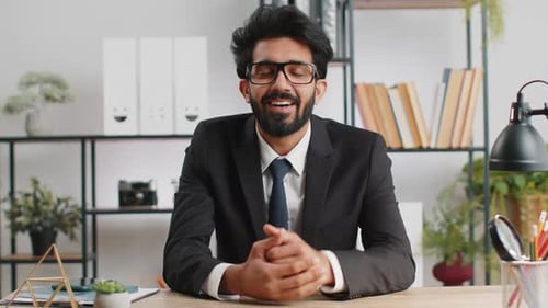 Businessman Working on Laptop at Office Talk on Online Communication Video Call with Employee Boss