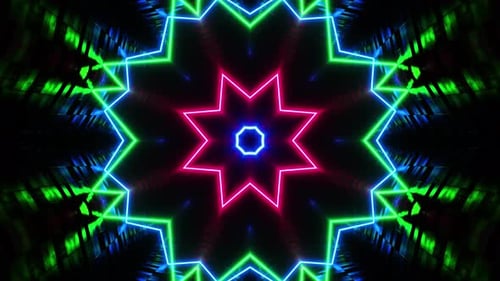 Colorful star pattern with black background and red center. Kaleidoscope VJ loop