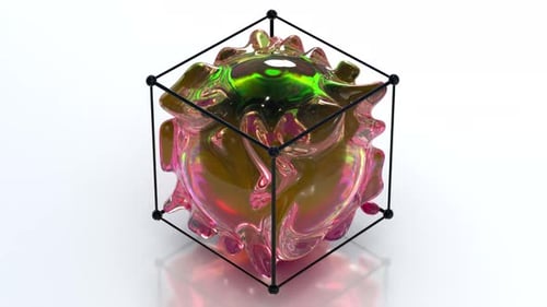 Iridescent Fluid Sphere Pulsating within a Geometric Wireframe Cube
