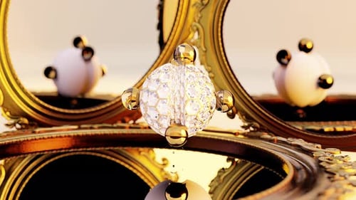 Renderização 3D de pequenas bolas de mármore brilhantes rolando em uma esfera brilhante em loop