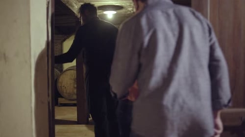 Couple wine tasting in old wine cellar with sommelier