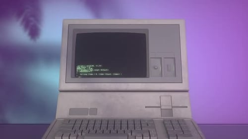 Retro Personal Computer With Code Output and Zooming Camera Motion
