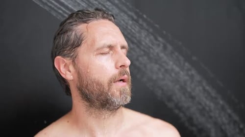 Man with Beard Relaxing in Shower
