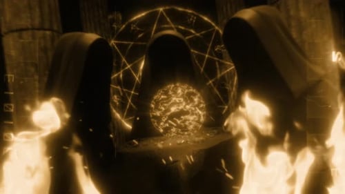 Cinematic Grunge Opener with Hooded Figures and Glowing Arcane Energy