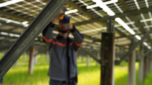 Solar Maintenance, Solar technician installing panels. alternative energy photovoltaic solar