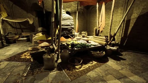 Un vendeur du marché organise des sacs et des paniers dans une ambiance intérieure chaleureuse