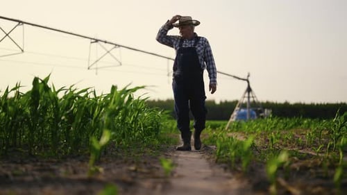 Modern Irrigation System in Field Old Farm Worker Controlling Plants Growth Farming and Agriculture