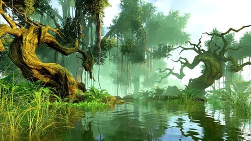 River Flowing Through The Tropical Jungle.