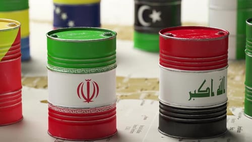 Global Oil Barrels with Country Flags on World Map