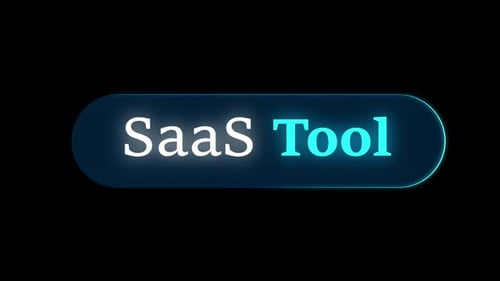 SaaS Tool Text On Futuristic Glowing Button Over Blue Digital Grid Background On Alpha Channel 4K