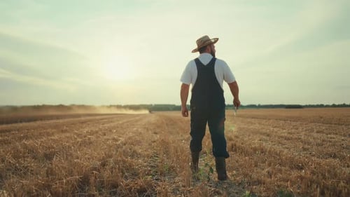 Farmer Walks Through Golden Wheat Field at Sunset
