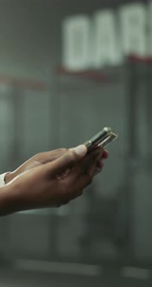 Exercise, hands and phone with woman in gym for health, training schedule or workout tracking