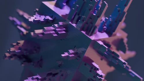 Purple Pixelated Cube Slowly Rotating and Transforming with Extruding Pixelated Structures on a Dark