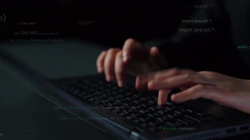 Hands Typing on Laptop Keyboard with Coding Elements in Background, Programming Language Syntax and