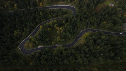 Dramatic Aerial View of Winding Mountain Roads Through Dense Forests