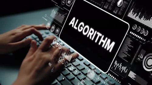 Hands on Keyboard with Algorithm Text in a Tech Background Featuring Data Charts and Graphs for Digi