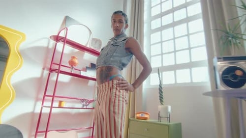 Genderfluid Performer in Y2K Outfit and High Heels Dancing Vogue