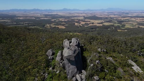 Vista aérea de un mirador hecho por el hombre en lo alto de una roca gigante en la selva australiana, montañas de fondo
