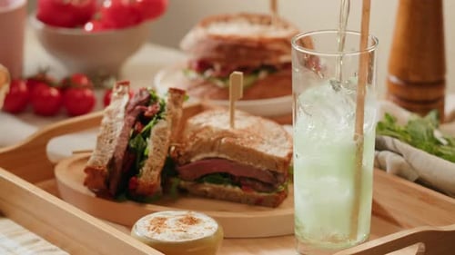 American Pastrami Sandwich with Ham Meet Cuts in Restaurant Cooking Famous Thick Cut Sous Vide Beef