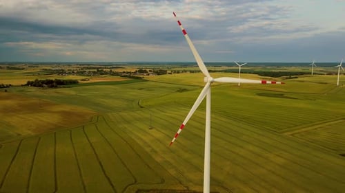 Windmill Plant Green Energy Drone View Rotating Blades Generate Clean Electric Power