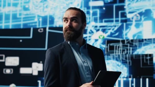 Entrepreneur Uses Laptop to Review Artificial Intelligence Brain System