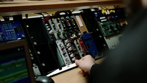 Sound engineer using digital audio mixer sliders Engineer pressing keys adds control panel volume