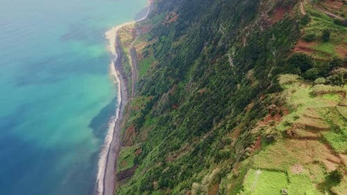 Picturesque Island Landscape Drone View Tranquil Clear Ocean Washing Coastline