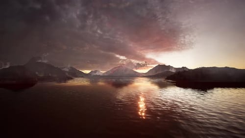 Beautiful Landscapes Of Smoke From The Volcano With Ocean, Sunset