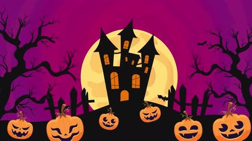 Animated Halloween Background with Haunted House and Jack-o'-Lanterns