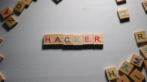 Wooden Letter Blocks Spelling Hacker on White Surface
