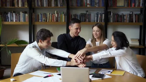 College University Students Group Study Together Prepare Project Make Notes Happy Diverse Young