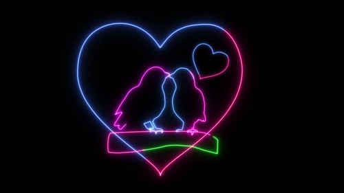 Neon Love Birds Animation. Glowing Neon Love Birds Couple Standing On The Branch. Animation Of Two N