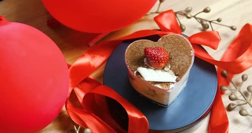 Heart Shaped Cake with Red Balloons and Ribbons