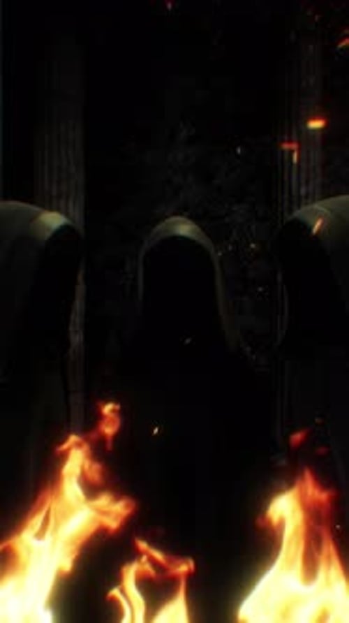 Ominous Hooded Figures with Fire Vertical Background Loop